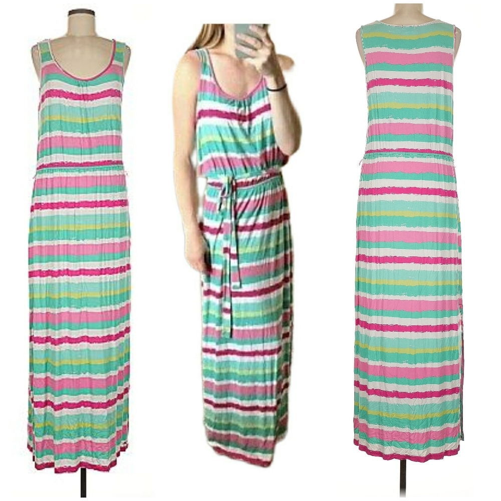 Vineyard Vines Lipstick Multi Color Stripe Maxi Dress Stretchy Size Small